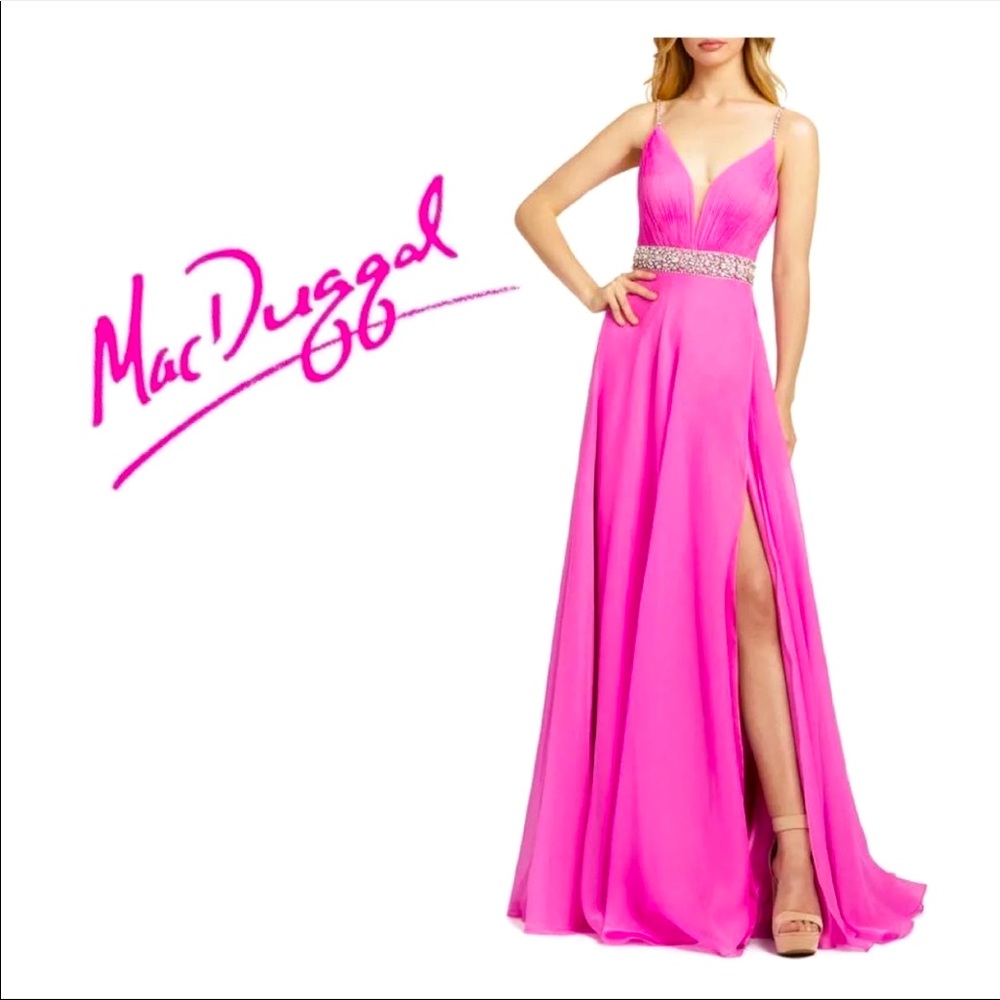 MAC DUGGAL Crystal Beaded Hot Pink Chiffon Gown Dress